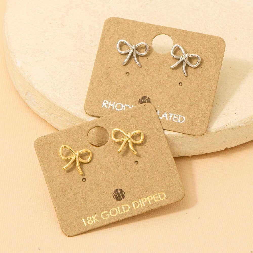 Fame Accessories - Gold Dipped Wire Ribbon Bow Stud Earrings: S