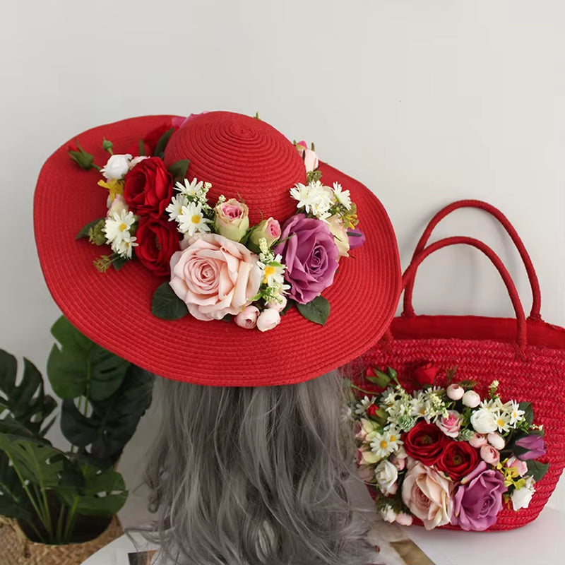 Red Rattan Flower Beach Bag Women Fashion Straw Summer Tote Multicolor Artificial Rose Lily Attached Handbag Hat Suit Vacation