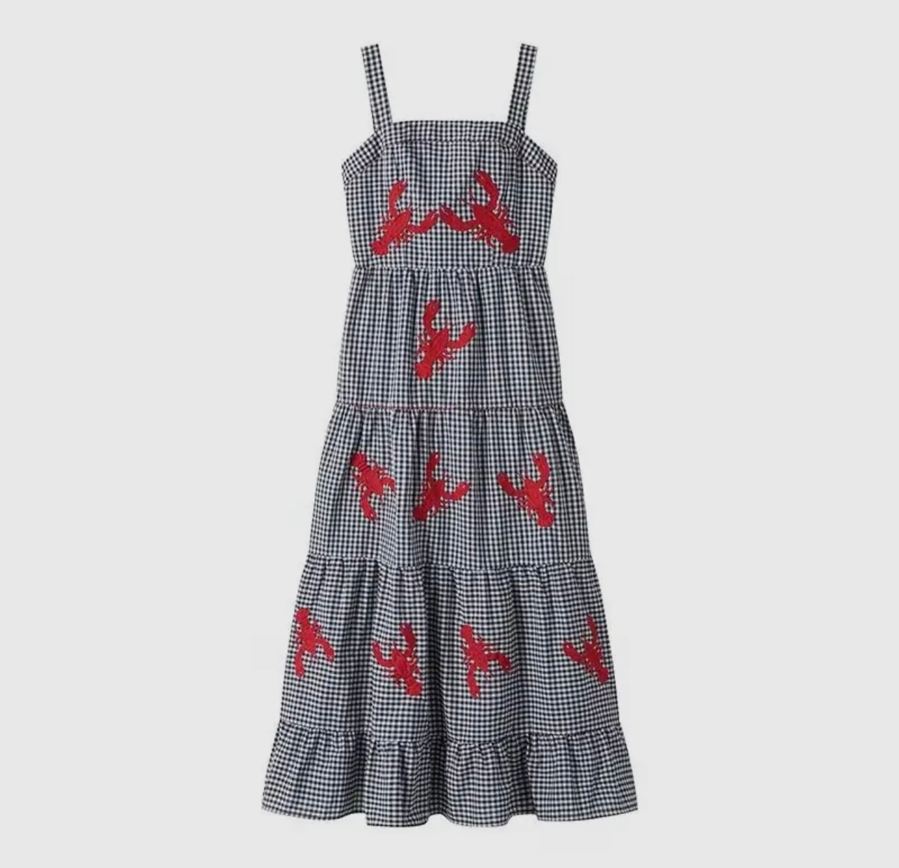 Embroidered Lobster Strap Plaid Gingham Tiered Dress