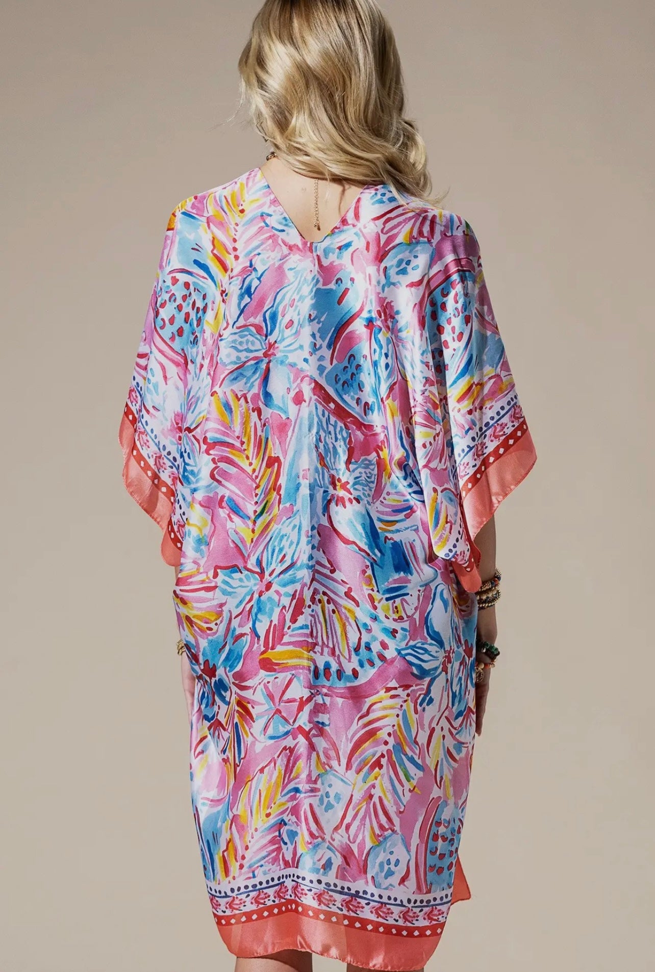 Coral Flowing Silky Feel Kimono with Flower Print