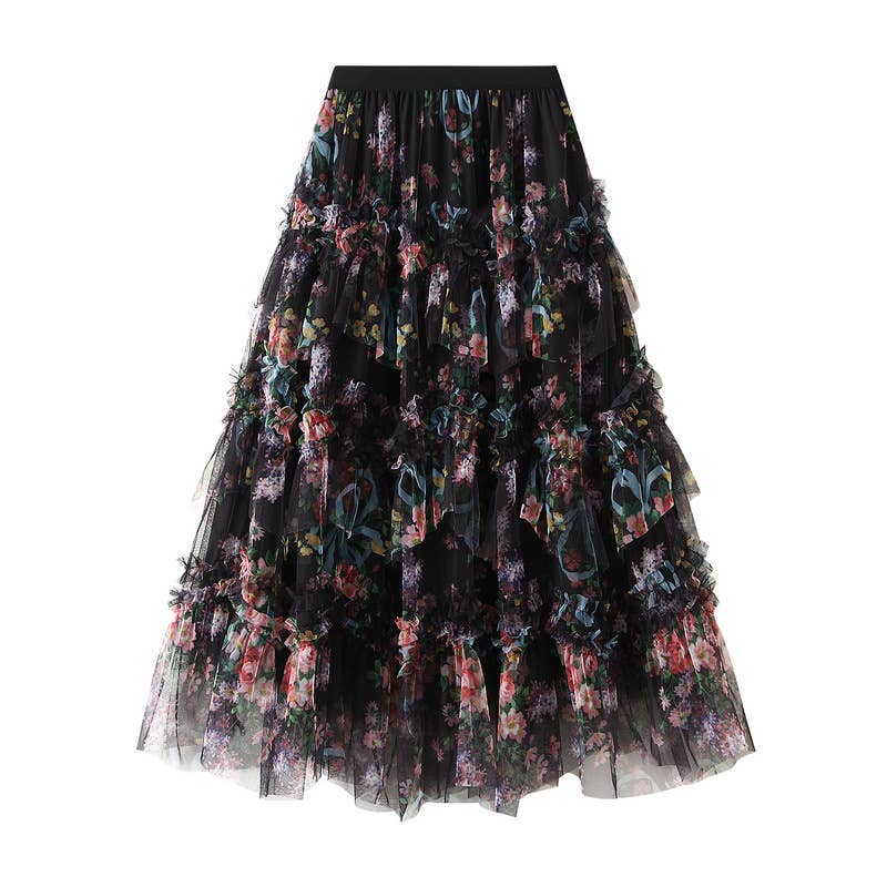 Rosa Clothing - Floral tiered midi tulle skirt: Beige / M