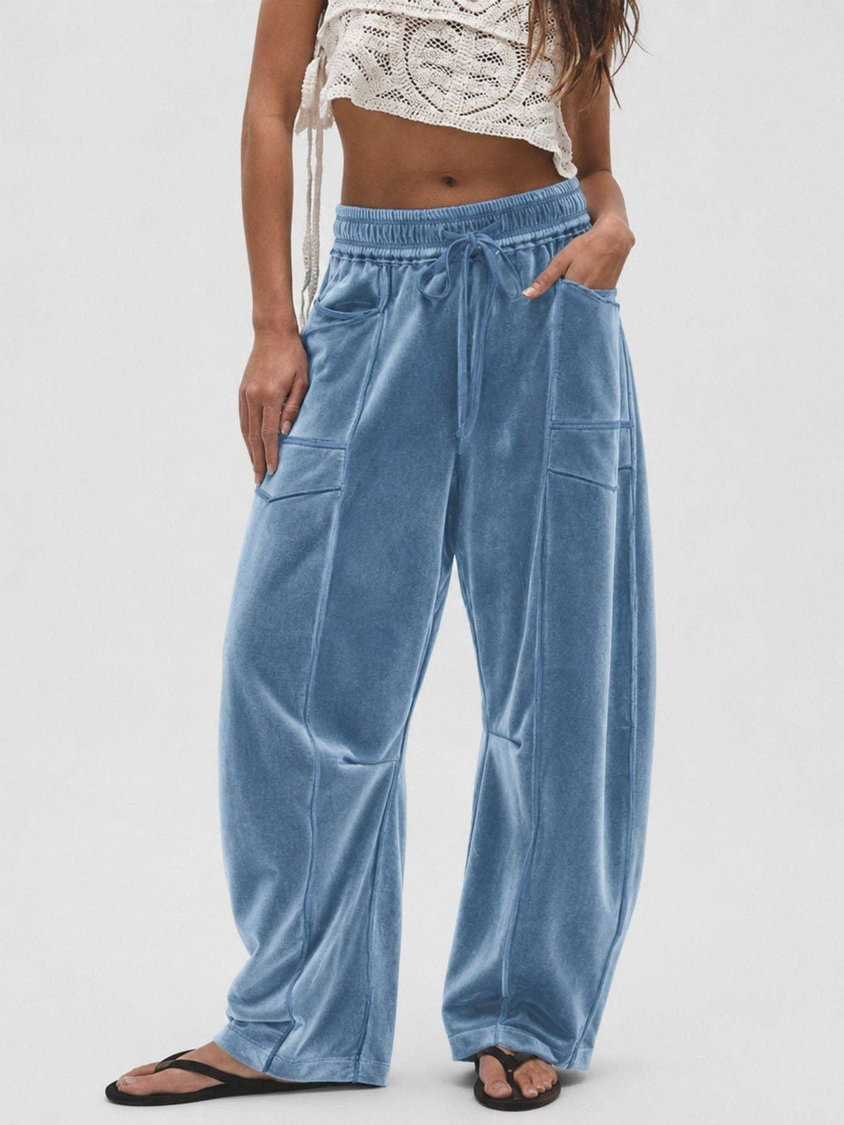 Suhkasana - Women's Velvet Wide Leg Drawstring Casual Pants: Pink / S