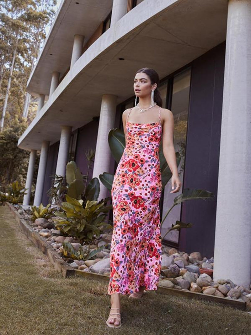 Women'S Ditsy Floral Print Cami Dress, Boho Sleeveless Spaghetti Strap Long Dress for Beach Holiday Vacation, Ladies Summer Clothes