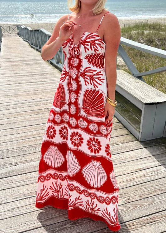 Rosa Clothing - Resort Style Sea Creature Print Slip Dress: Red / M