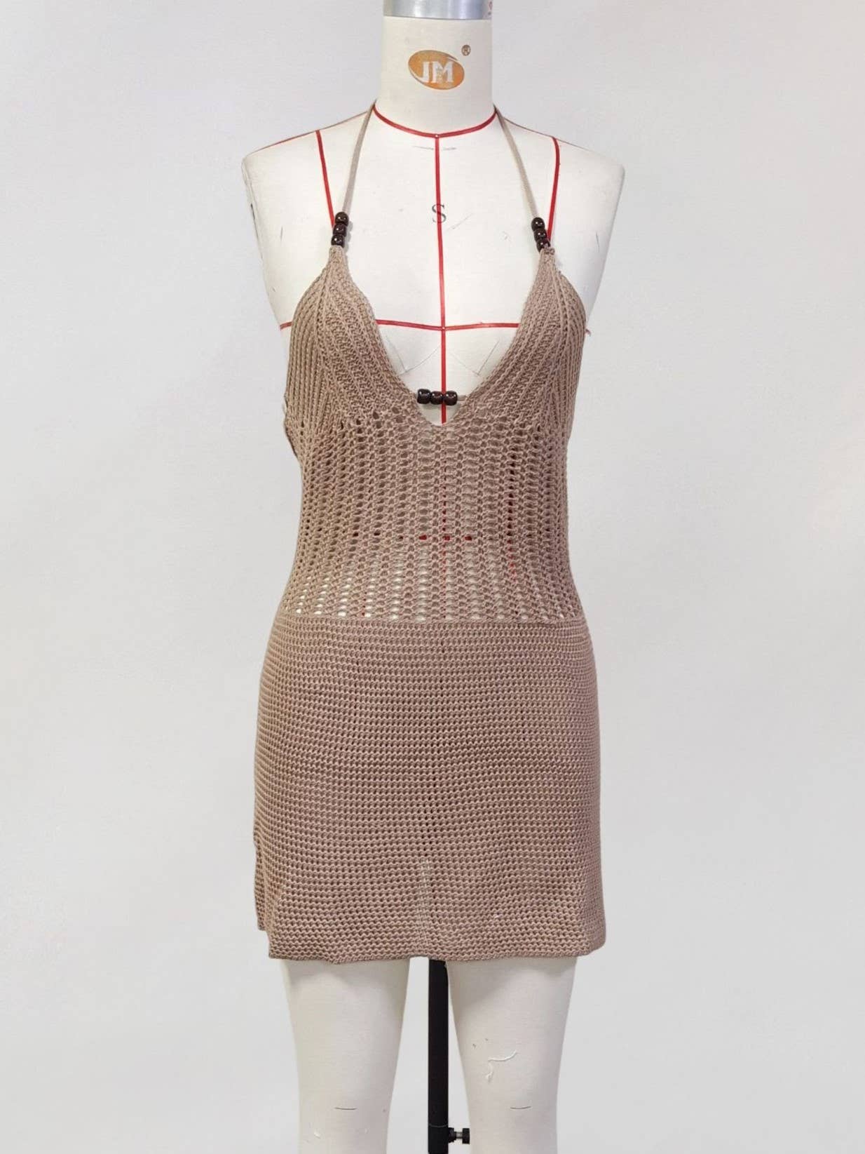 HIDDENBRAND - Lace-Up Halter Neck Knit Beaded Beach Cover-Up: White / S