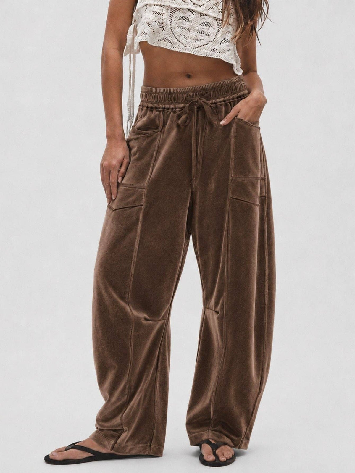 Suhkasana - Women's Velvet Wide Leg Drawstring Casual Pants: Pink / S