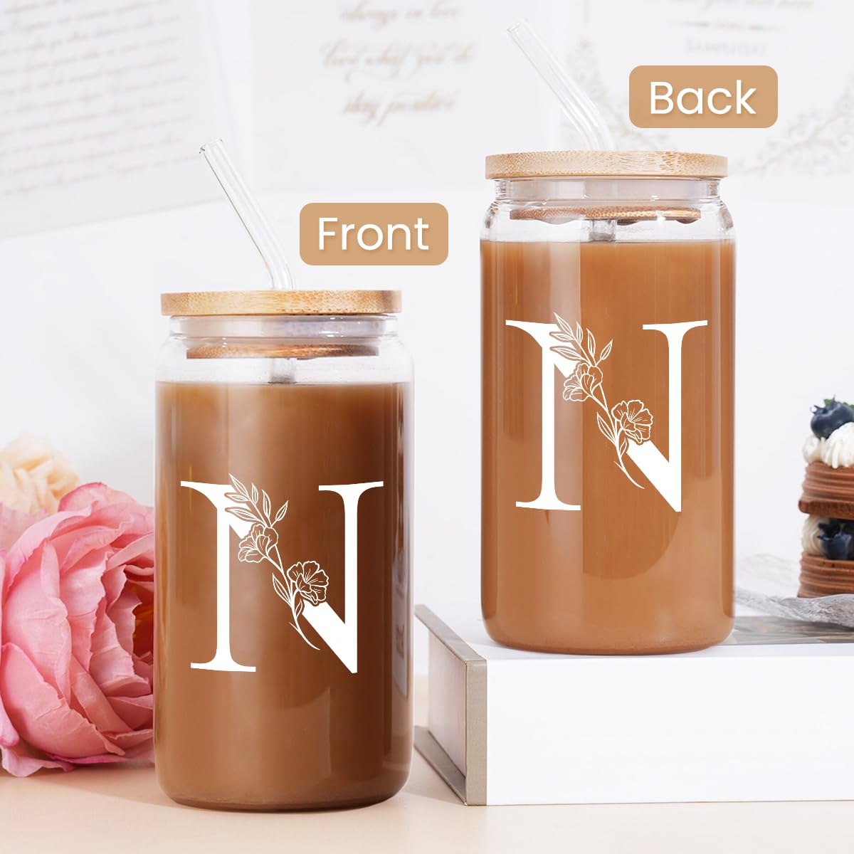 SANDJEST Monogrammed Gifts for Women - Monogram D Initial Glass Cup 16 Oz Can Coffee Cups with Lid and Straw - Monogram Initials Gifts for Womens on Birthday