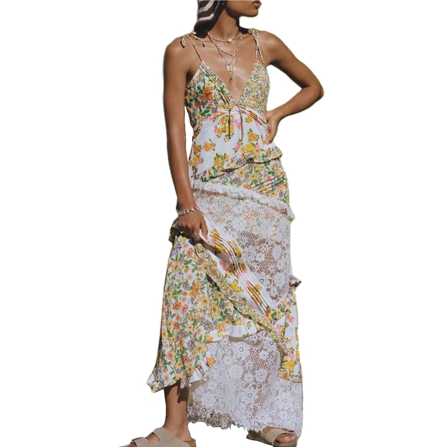 Women Summer Dresses Flowy Smocked Maxi Dress Sleeveless Tie Shoulder Boho Dresses Y2K Floral Beach Sundresses