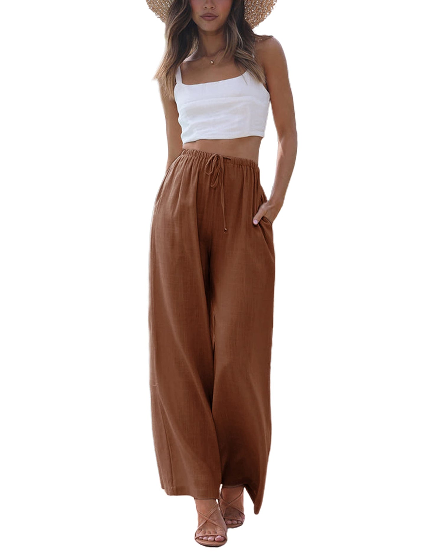 Faleave Women's Cotton Linen Summer Palazzo Pants Flowy Wide Leg Beach Trousers with Pockets