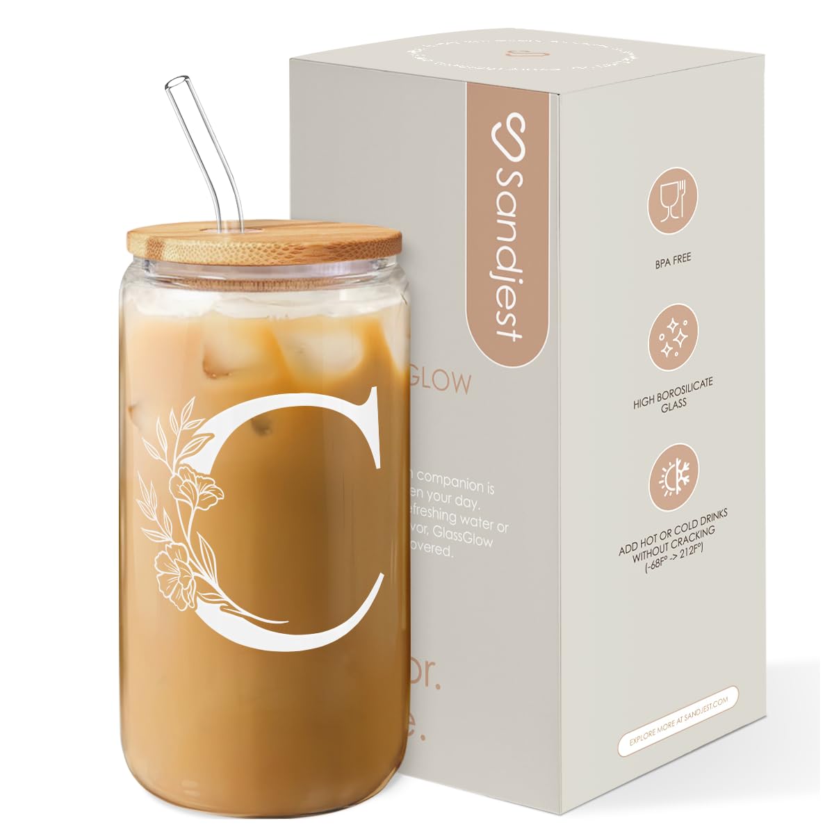 SANDJEST Monogrammed Gifts for Women - Monogram D Initial Glass Cup 16 Oz Can Coffee Cups with Lid and Straw - Monogram Initials Gifts for Womens on Birthday