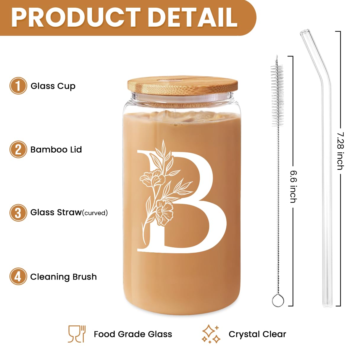 SANDJEST Monogrammed Gifts for Women - Monogram D Initial Glass Cup 16 Oz Can Coffee Cups with Lid and Straw - Monogram Initials Gifts for Womens on Birthday