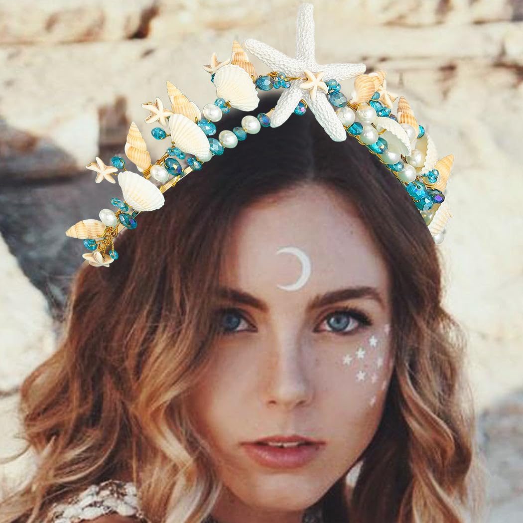 CAKURE Sea Star Crown Headband Boho Starfish Tiaras Beach Wedding Crowns Headpiece Sea Shell Headbands Pearl Beach Wedding Hair Accessories for Women