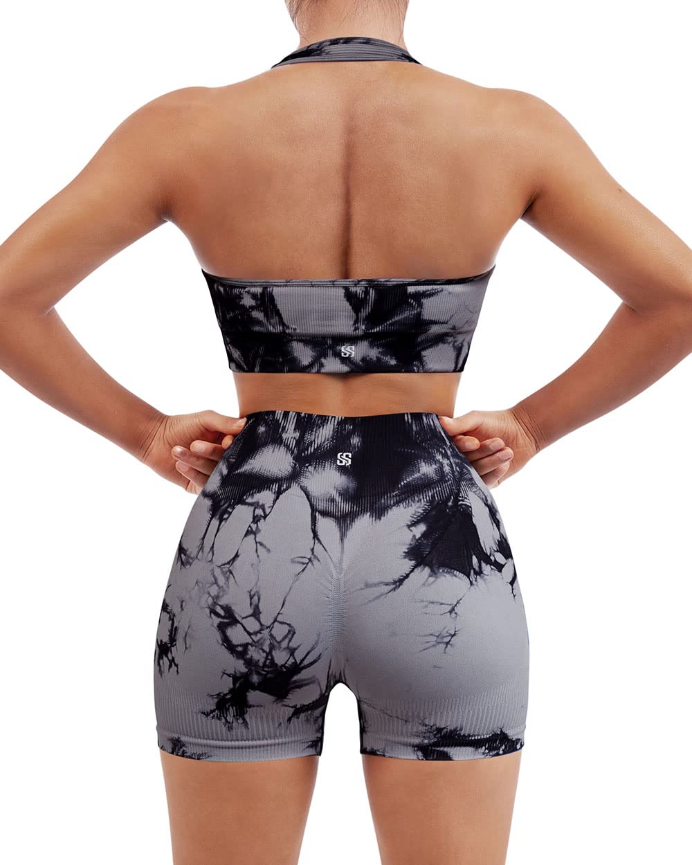 SUUKSESS Women Seamless Ribbed Workout Set Backless Sports Bra Booty Biker Short