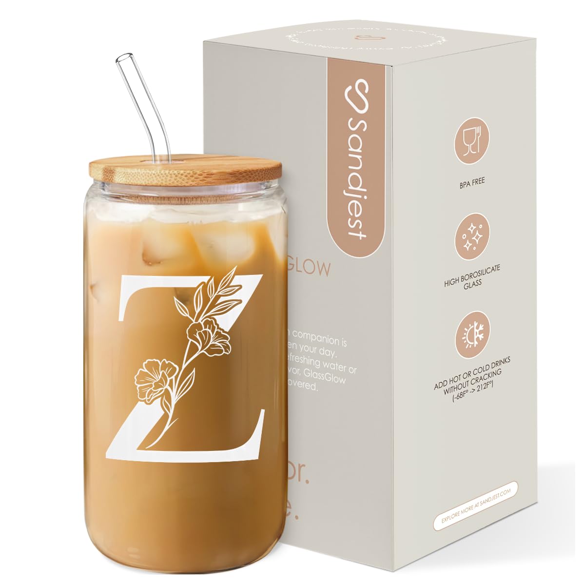 SANDJEST Monogrammed Gifts for Women - Monogram D Initial Glass Cup 16 Oz Can Coffee Cups with Lid and Straw - Monogram Initials Gifts for Womens on Birthday