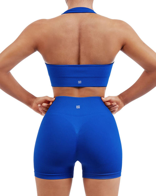 SUUKSESS Women Seamless Ribbed Workout Set Backless Sports Bra Booty Biker Short