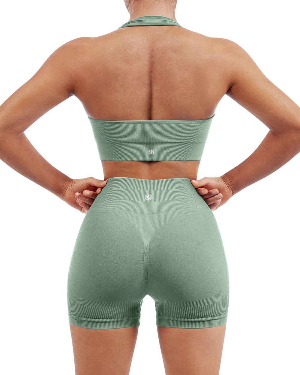 SUUKSESS Women Seamless Ribbed Workout Set Backless Sports Bra Booty Biker Short