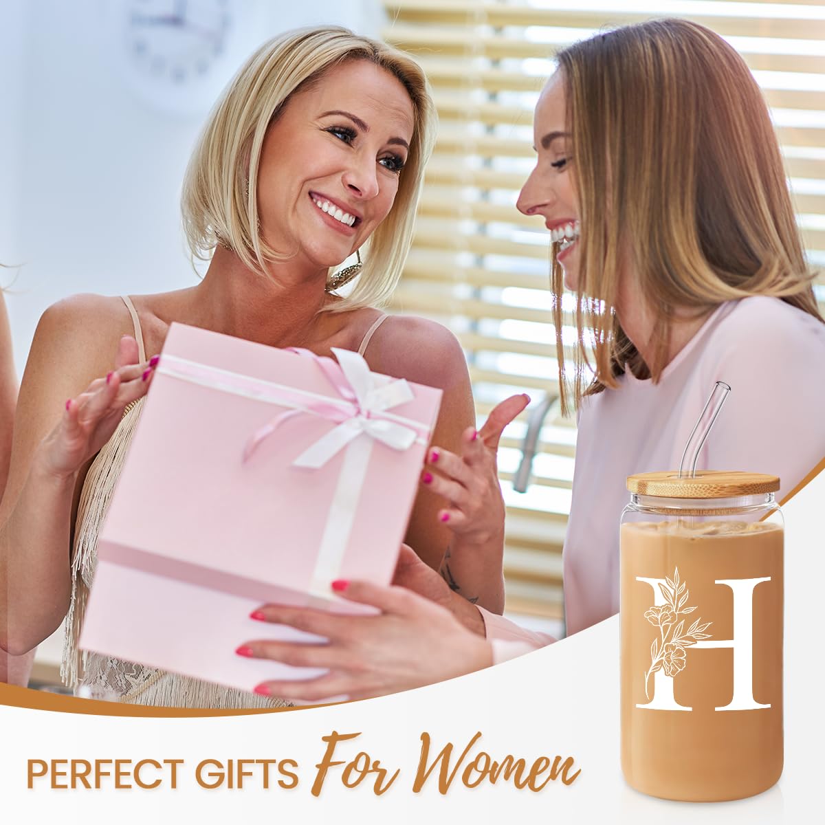 SANDJEST Monogrammed Gifts for Women - Monogram D Initial Glass Cup 16 Oz Can Coffee Cups with Lid and Straw - Monogram Initials Gifts for Womens on Birthday