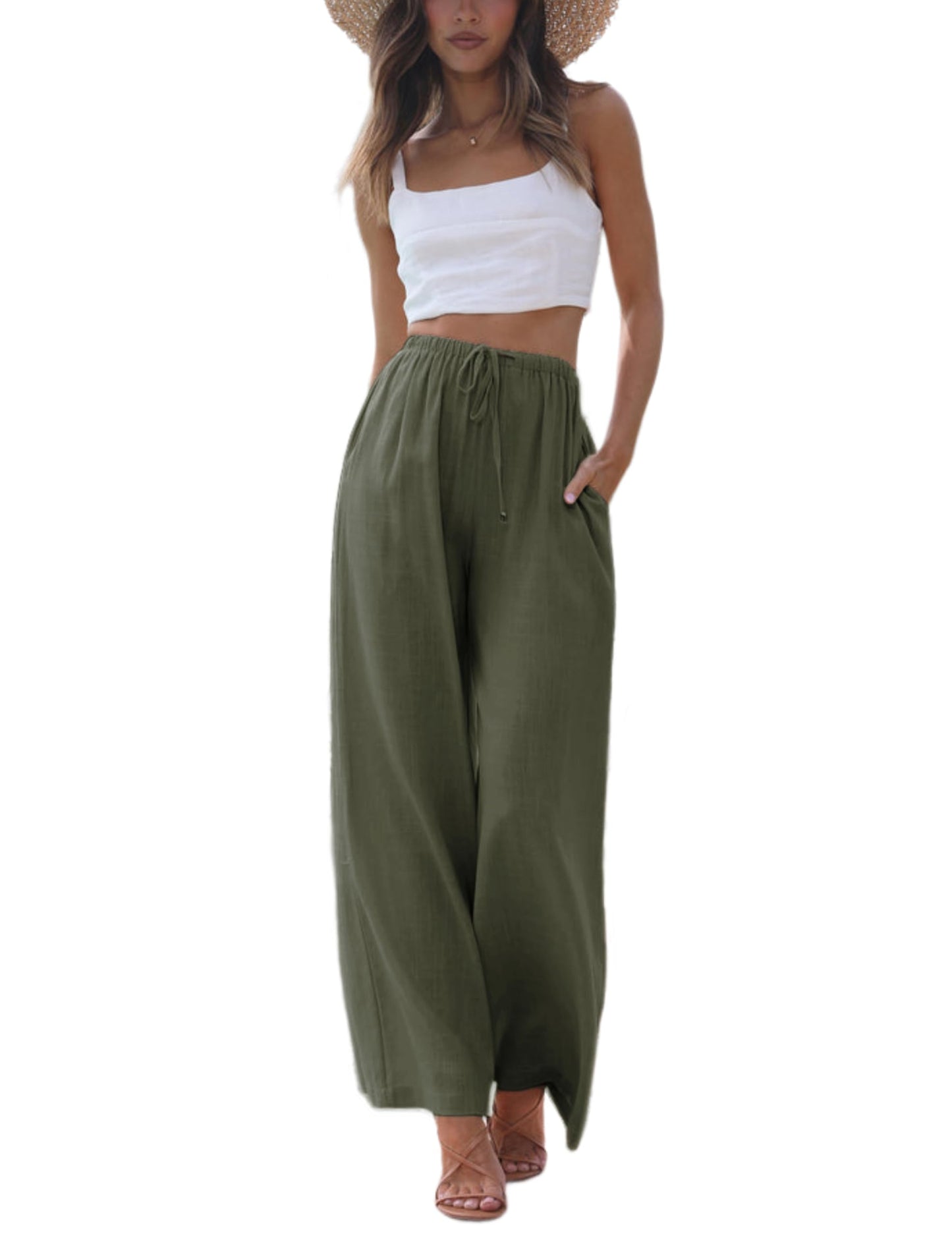 Faleave Women's Cotton Linen Summer Palazzo Pants Flowy Wide Leg Beach Trousers with Pockets