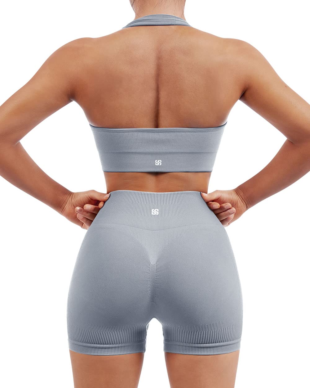 SUUKSESS Women Seamless Ribbed Workout Set Backless Sports Bra Booty Biker Short