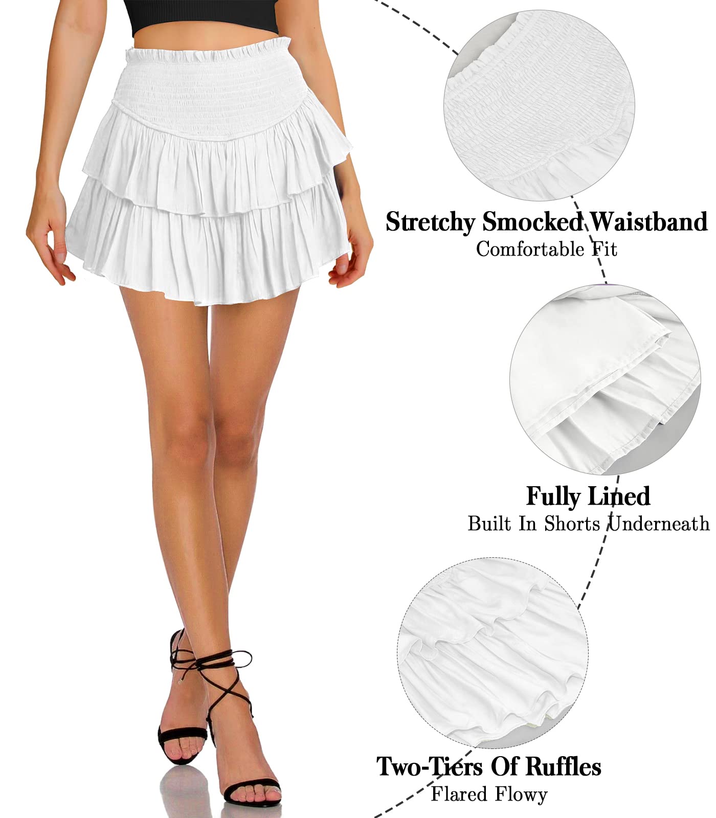 Women's Cute High Waist Ruffle Mini Skirt Layered Ruffle Hem Flared Flowy Casual Swing Beach Mini Short Skirt