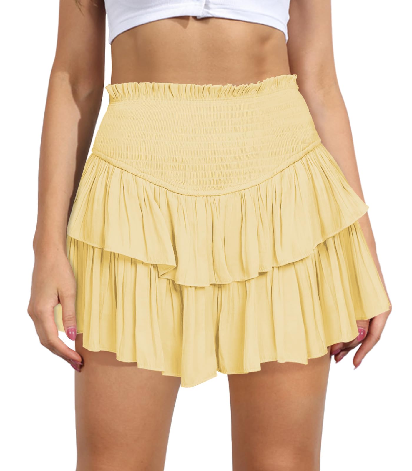 Women's Cute High Waist Ruffle Mini Skirt Layered Ruffle Hem Flared Flowy Casual Swing Beach Mini Short Skirt