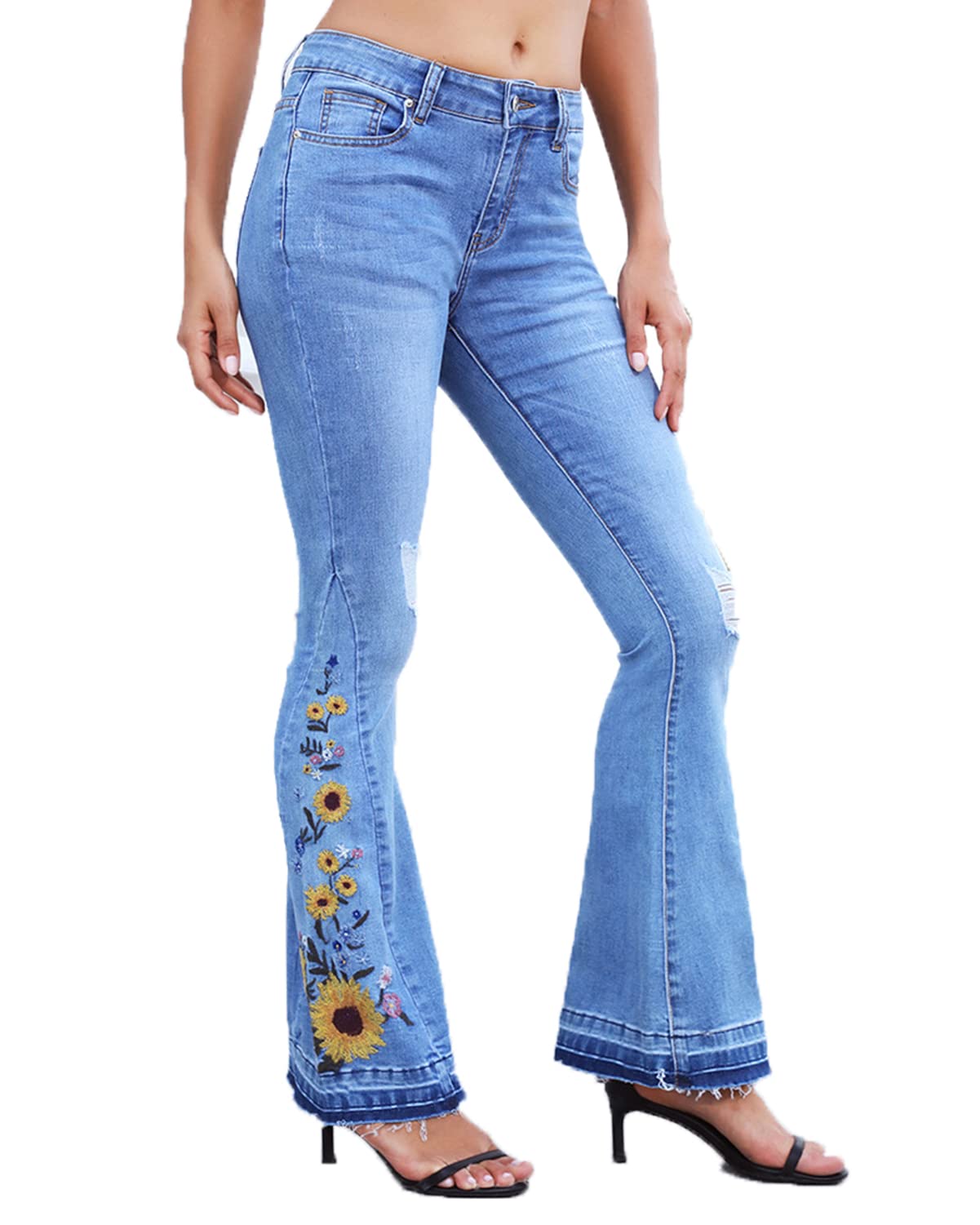 Lisskolo Bell Bottom Jeans for Women Flared Floral Embroidered Jean Wide Leg Denim Pants