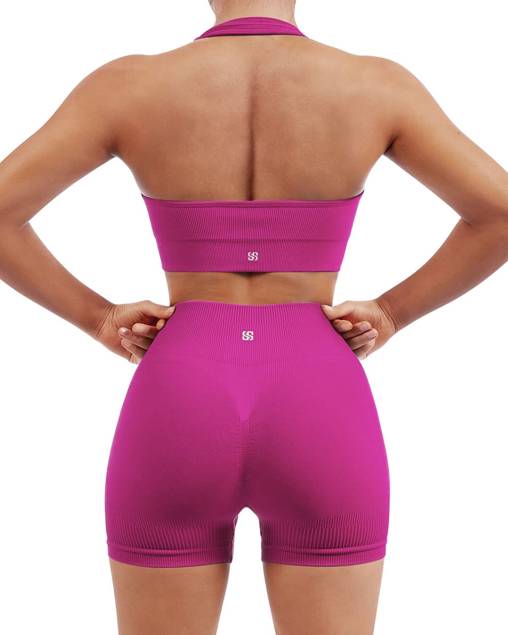 SUUKSESS Women Seamless Ribbed Workout Set Backless Sports Bra Booty Biker Short