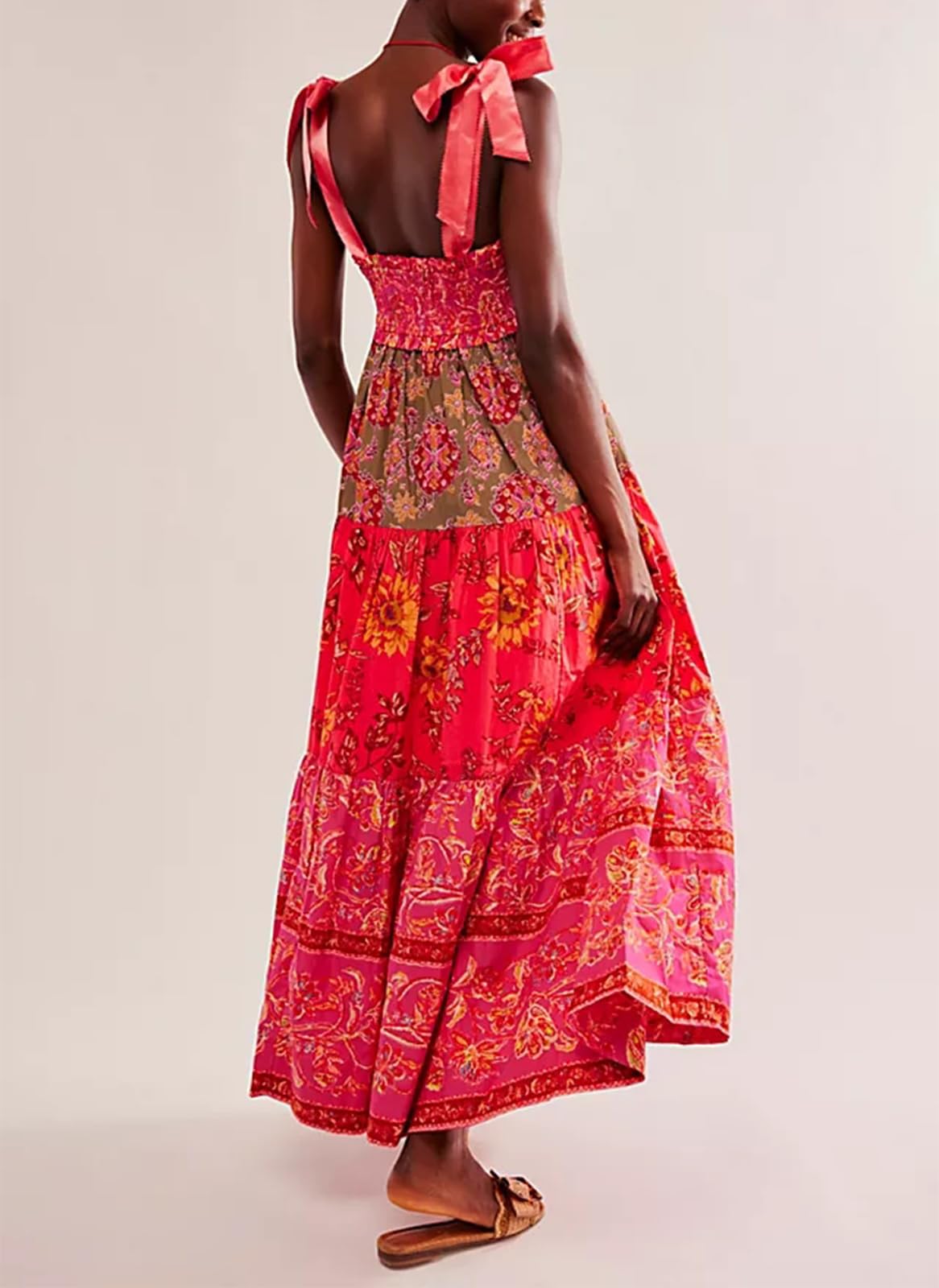 Women Summer Dresses Flowy Smocked Maxi Dress Sleeveless Tie Shoulder Boho Dresses Y2K Floral Beach Sundresses