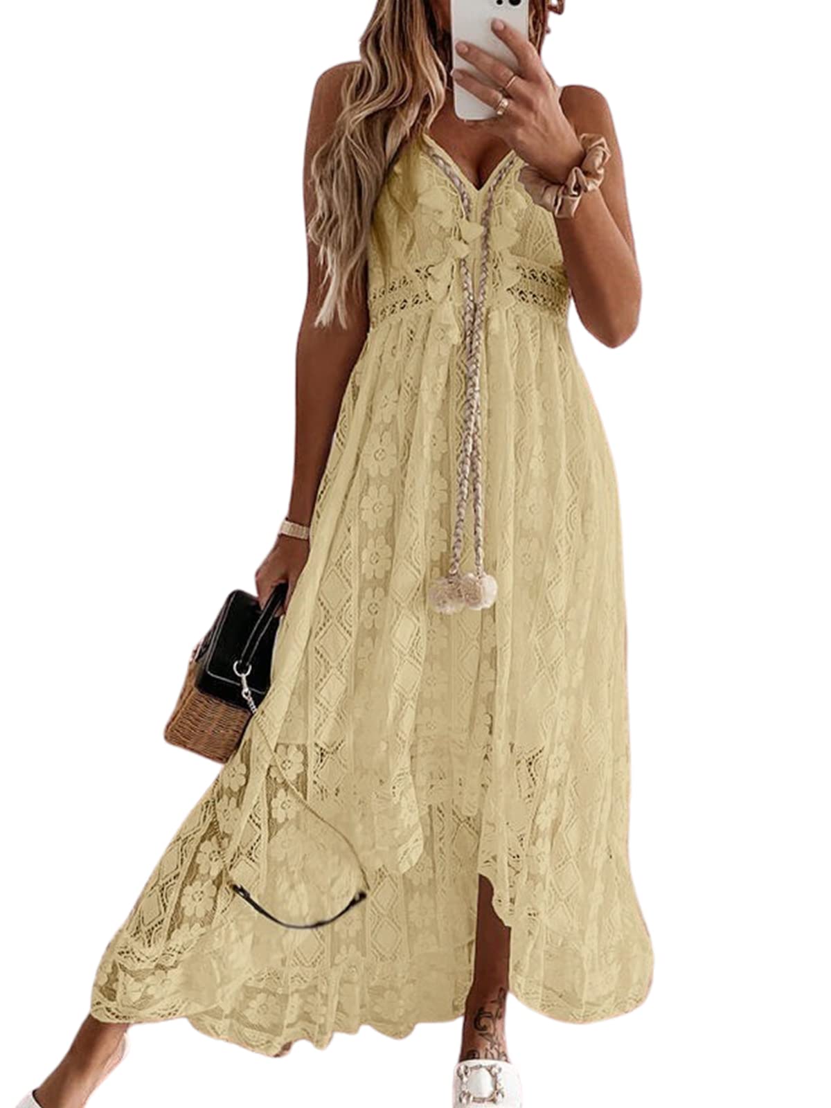 CUPSHE Women's Summer Dresses Sleeveless Lace Casual Tassel Beach Spaghetti Straps Flowy Maxi Sun Dress