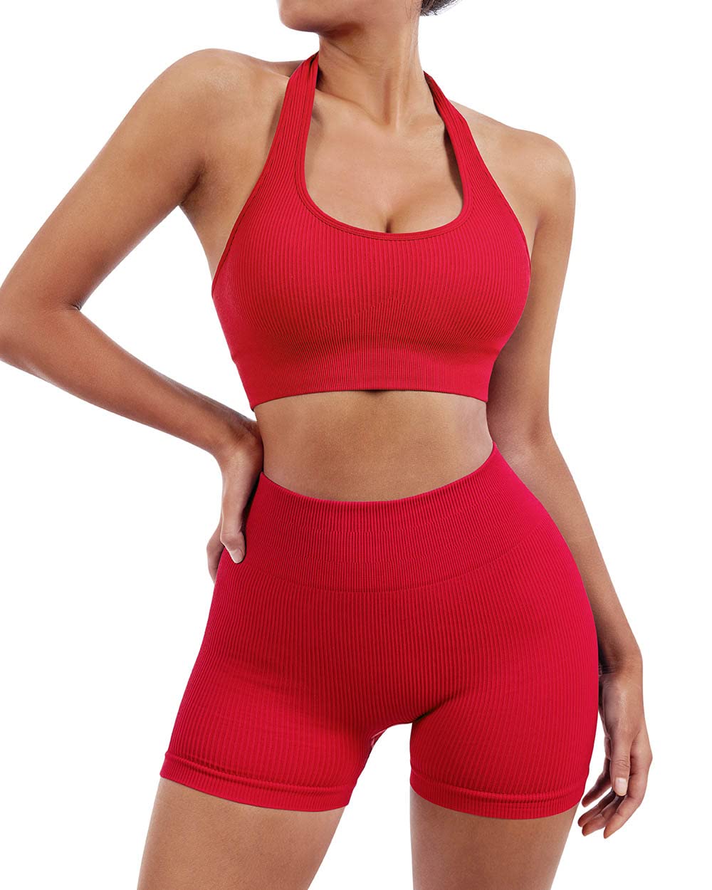 SUUKSESS Women Seamless Ribbed Workout Set Backless Sports Bra Booty Biker Short