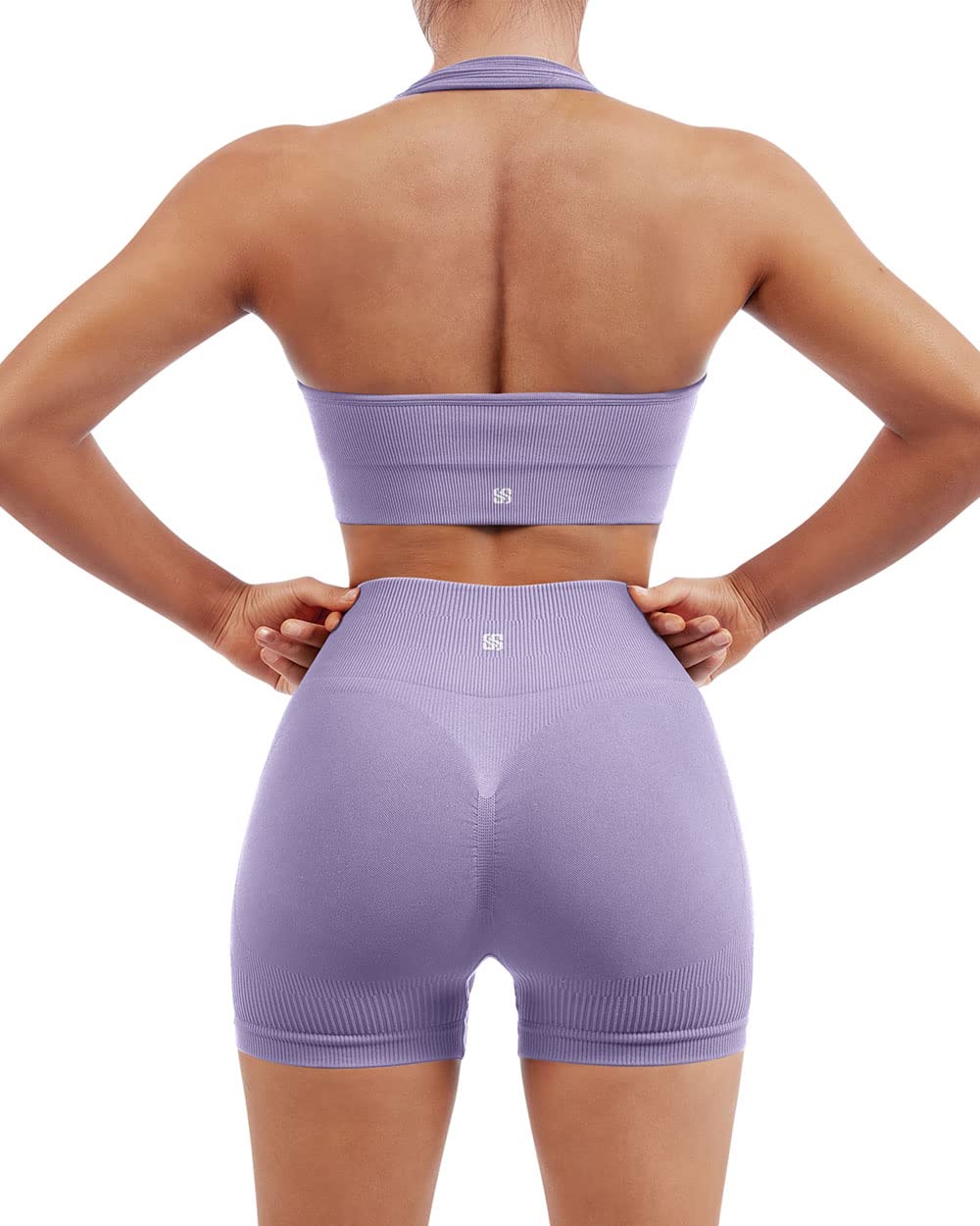 SUUKSESS Women Seamless Ribbed Workout Set Backless Sports Bra Booty Biker Short