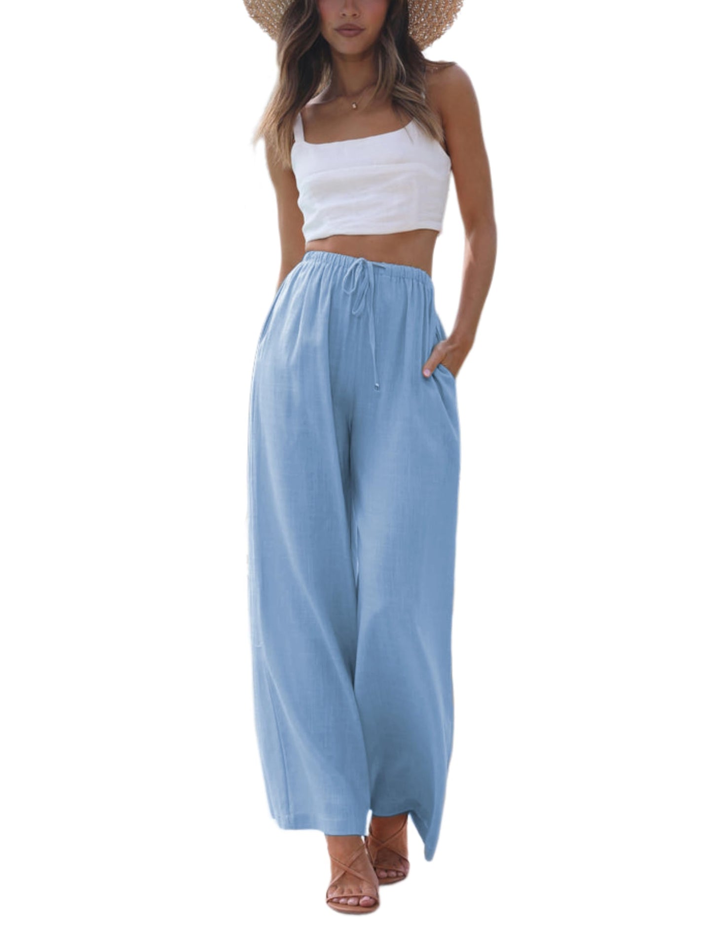 Faleave Women's Cotton Linen Summer Palazzo Pants Flowy Wide Leg Beach Trousers with Pockets