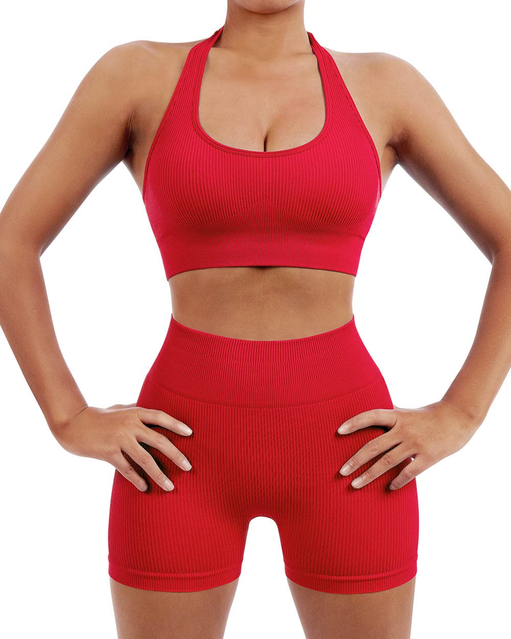 SUUKSESS Women Seamless Ribbed Workout Set Backless Sports Bra Booty Biker Short