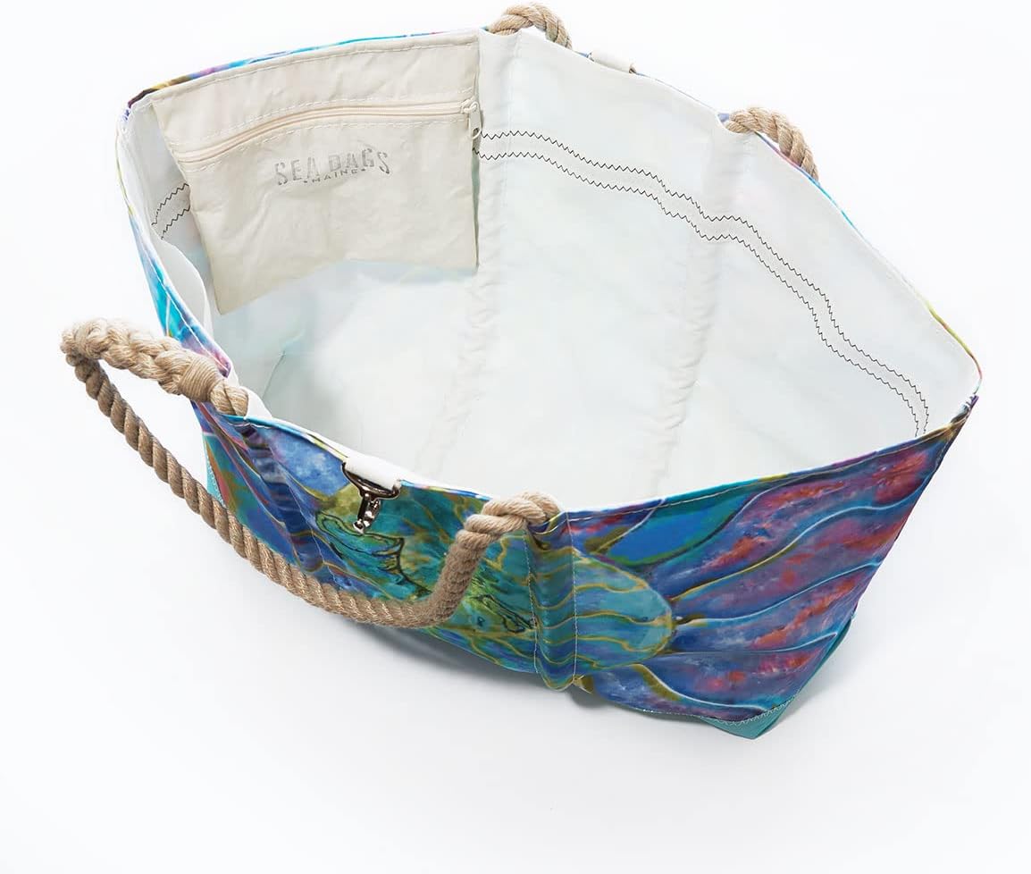 Sea Bags Recycled Sail Cloth Multicolor Nautilus Beach Tote Water Resistant Boating Beach Bag, Large Travel Tote Interior and Exterior Pockets