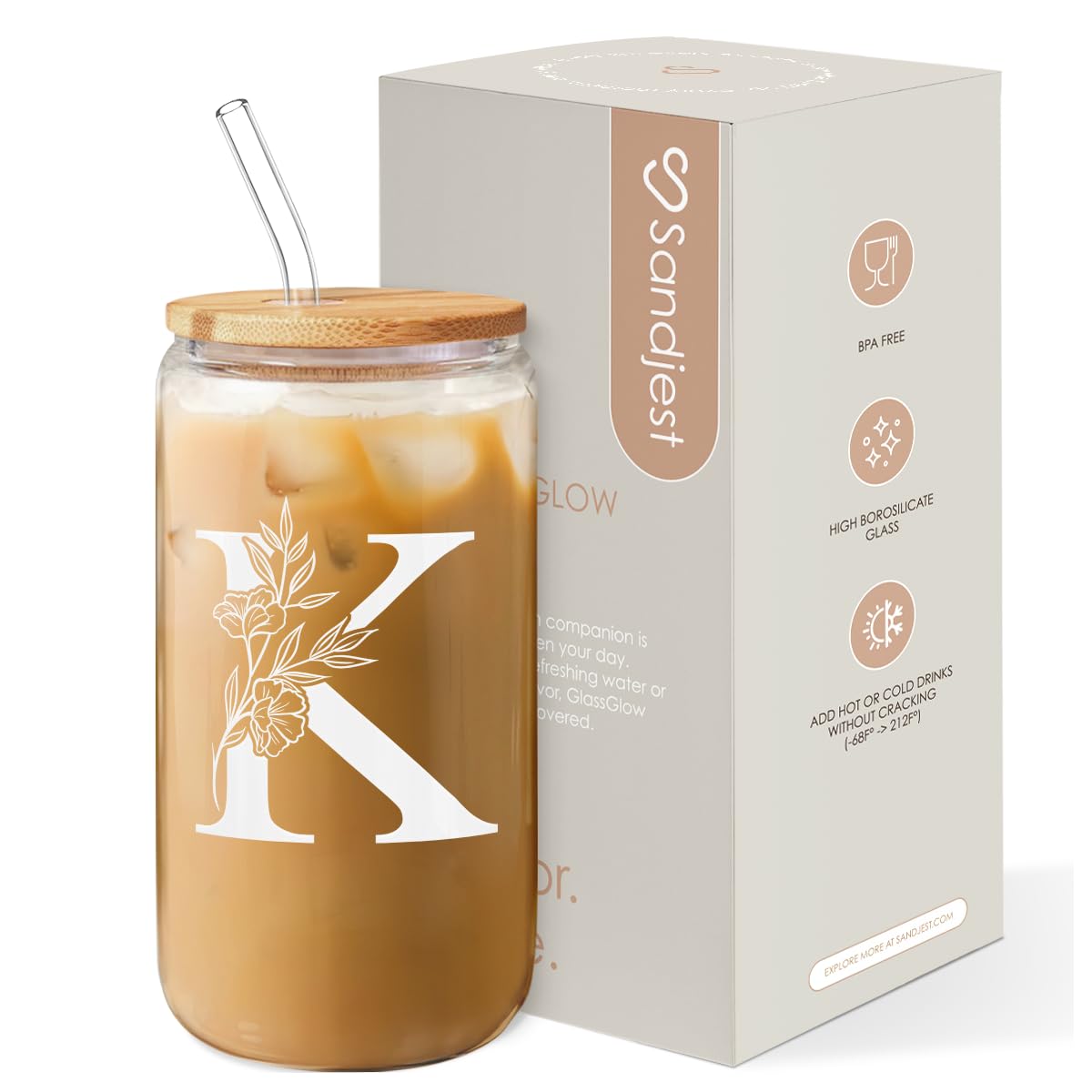 SANDJEST Monogrammed Gifts for Women - Monogram D Initial Glass Cup 16 Oz Can Coffee Cups with Lid and Straw - Monogram Initials Gifts for Womens on Birthday