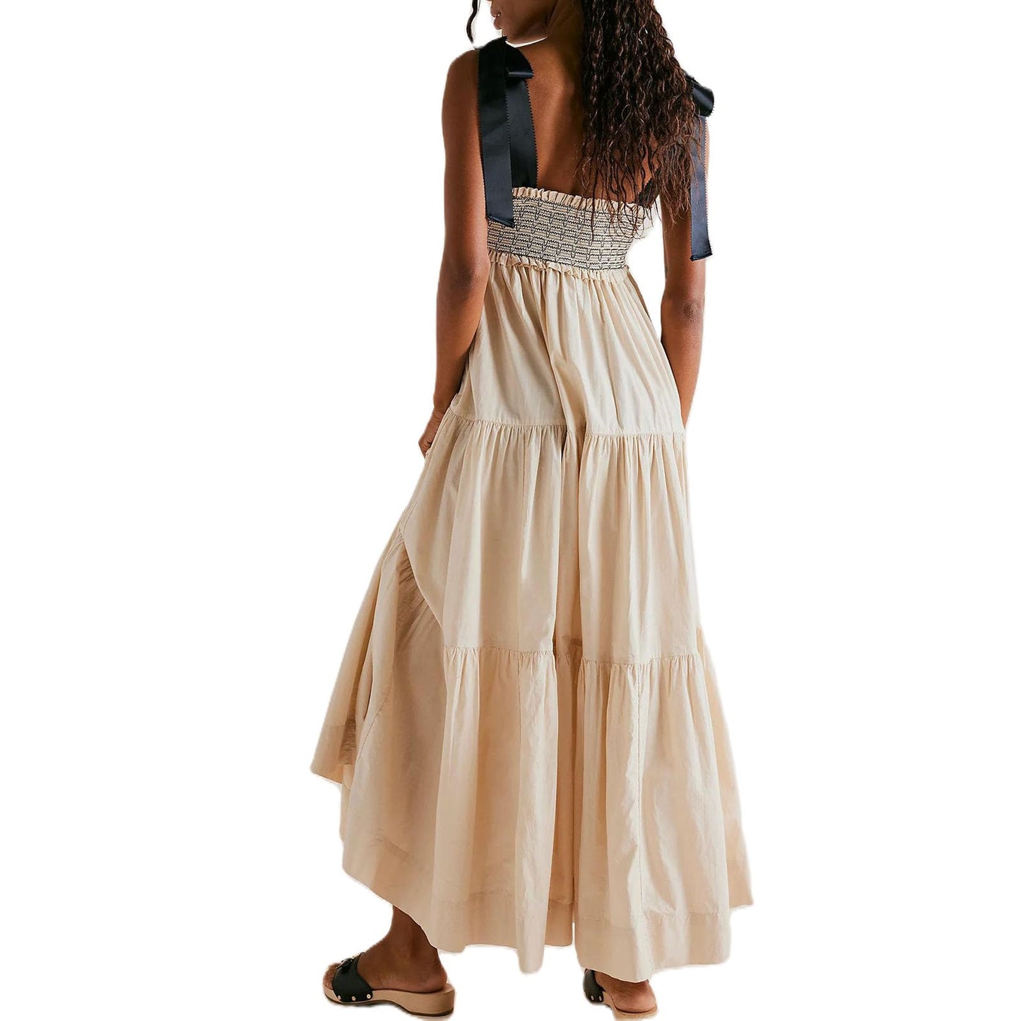 Women Summer Dresses Flowy Smocked Maxi Dress Sleeveless Tie Shoulder Boho Dresses Y2K Floral Beach Sundresses