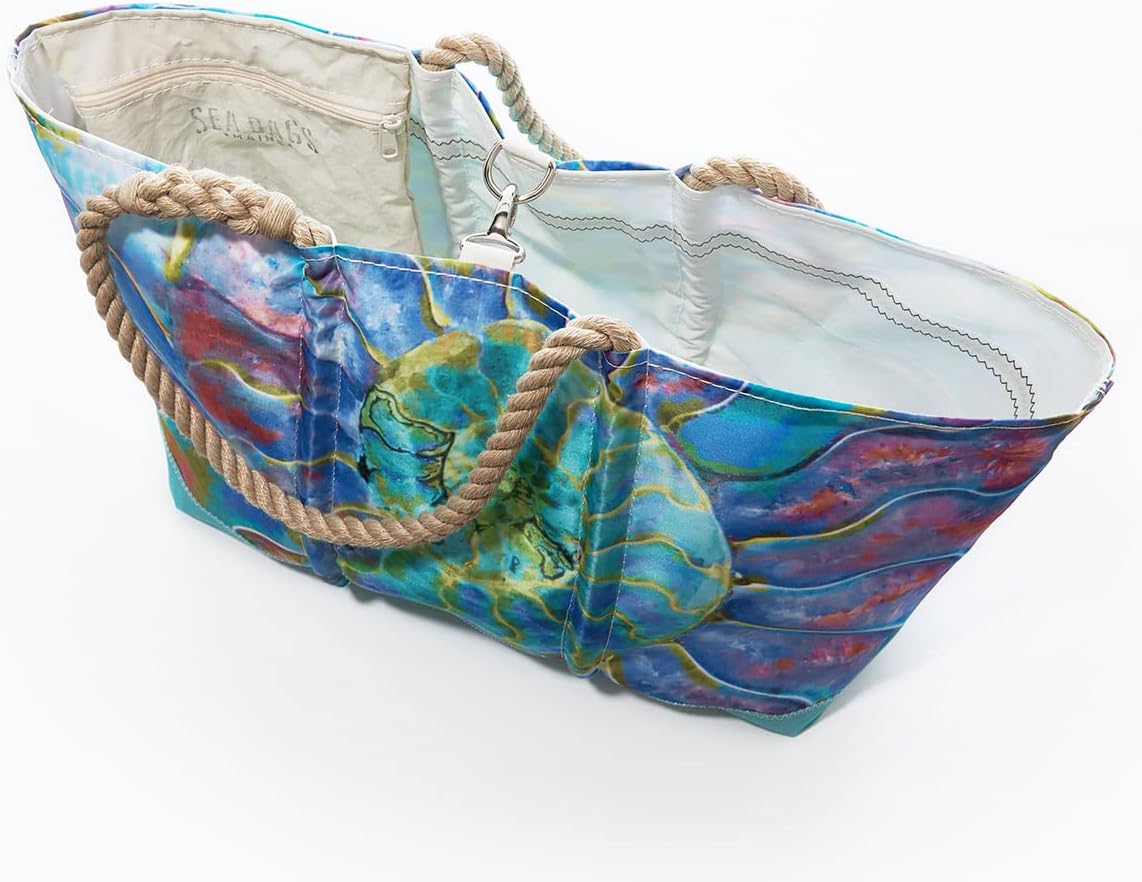 Sea Bags Recycled Sail Cloth Multicolor Nautilus Beach Tote Water Resistant Boating Beach Bag, Large Travel Tote Interior and Exterior Pockets
