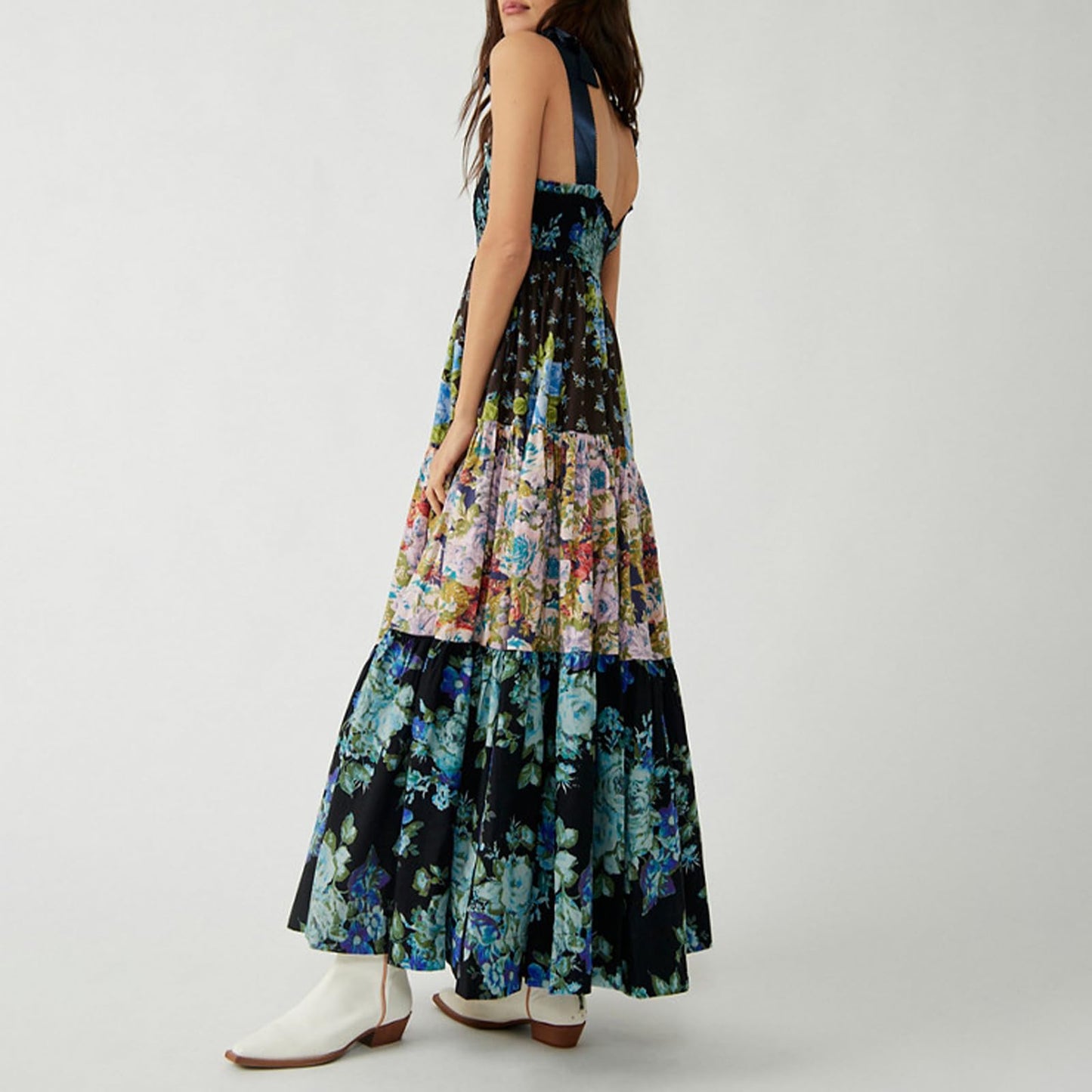 Women Summer Dresses Flowy Smocked Maxi Dress Sleeveless Tie Shoulder Boho Dresses Y2K Floral Beach Sundresses