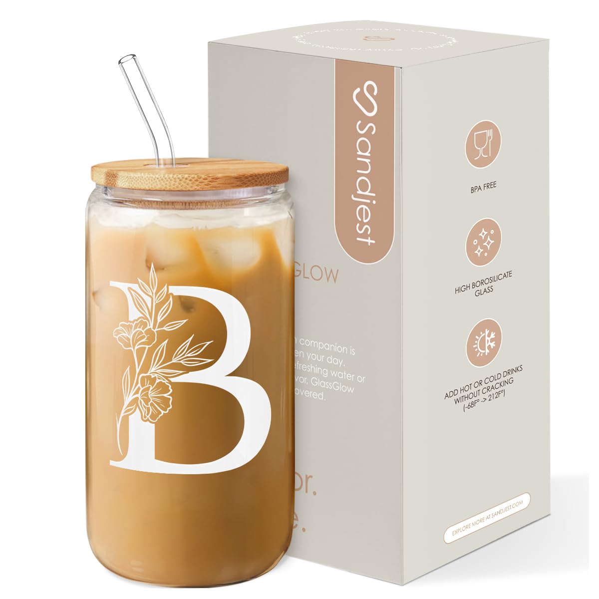 SANDJEST Monogrammed Gifts for Women - Monogram D Initial Glass Cup 16 Oz Can Coffee Cups with Lid and Straw - Monogram Initials Gifts for Womens on Birthday