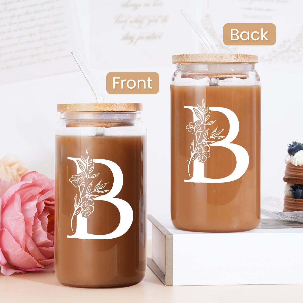 SANDJEST Monogrammed Gifts for Women - Monogram D Initial Glass Cup 16 Oz Can Coffee Cups with Lid and Straw - Monogram Initials Gifts for Womens on Birthday