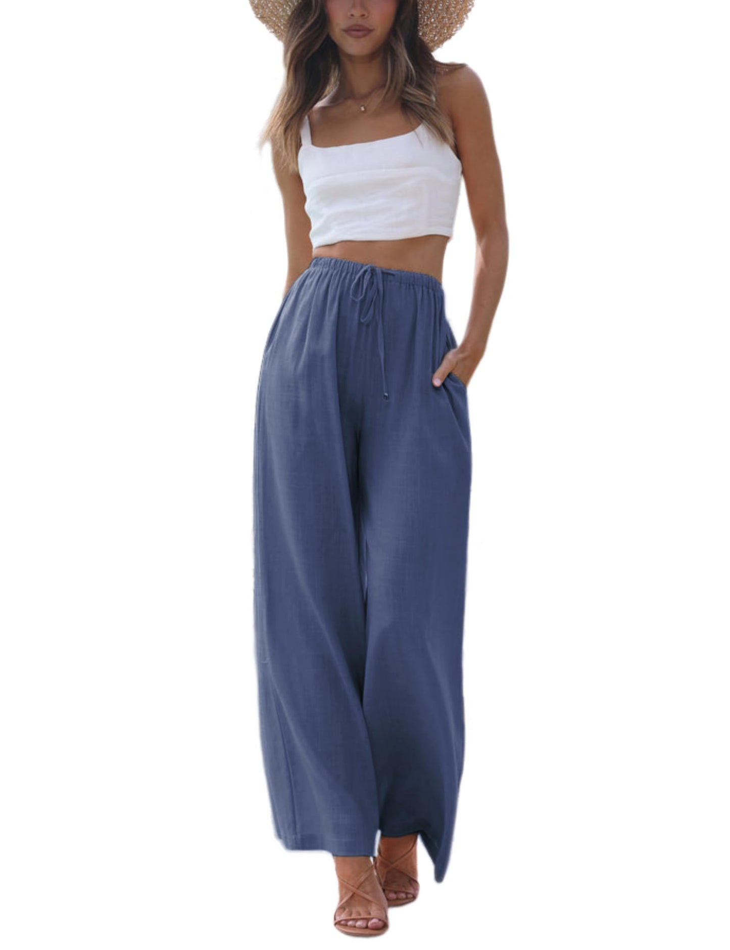 Faleave Women's Cotton Linen Summer Palazzo Pants Flowy Wide Leg Beach Trousers with Pockets