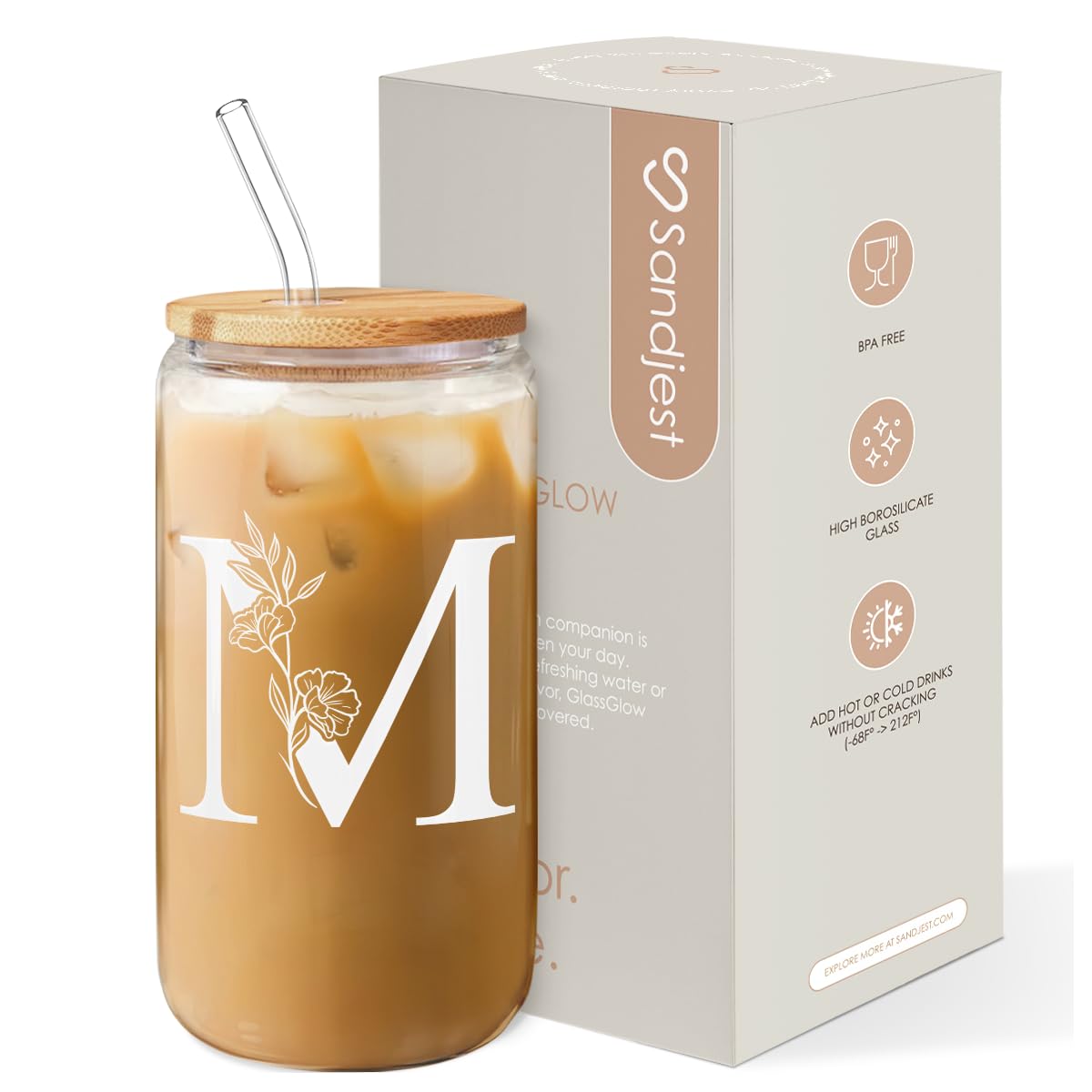 SANDJEST Monogrammed Gifts for Women - Monogram D Initial Glass Cup 16 Oz Can Coffee Cups with Lid and Straw - Monogram Initials Gifts for Womens on Birthday