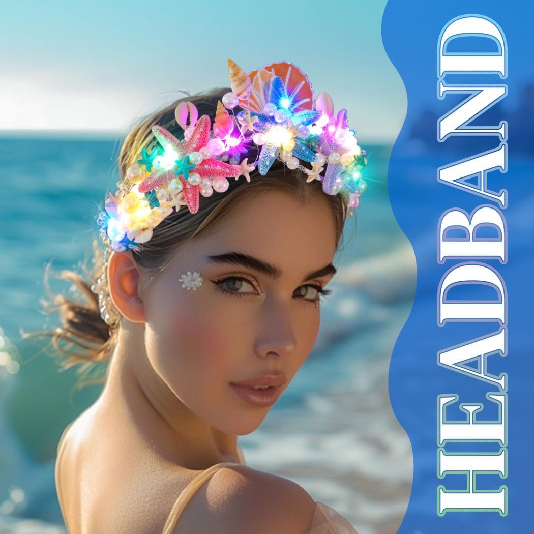 JEAIRTS Light Up Starfish Tiara and Crown Silver Led Beach Shell Mermaid Hair Accessories for Women