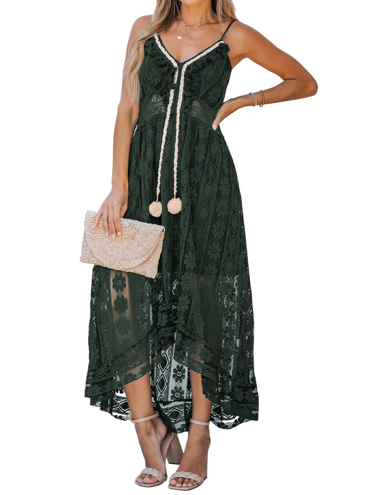 CUPSHE Women's Summer Dresses Sleeveless Lace Casual Tassel Beach Spaghetti Straps Flowy Maxi Sun Dress