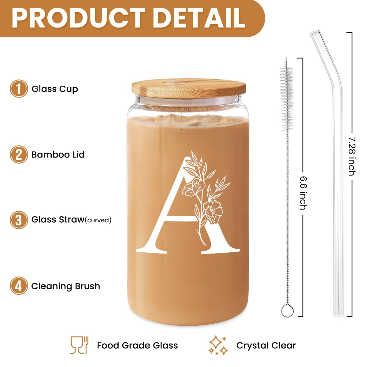 SANDJEST Monogrammed Gifts for Women - Monogram D Initial Glass Cup 16 Oz Can Coffee Cups with Lid and Straw - Monogram Initials Gifts for Womens on Birthday