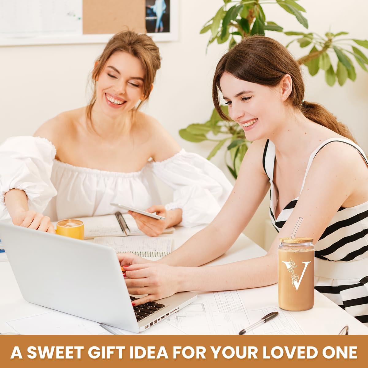 SANDJEST Monogrammed Gifts for Women - Monogram D Initial Glass Cup 16 Oz Can Coffee Cups with Lid and Straw - Monogram Initials Gifts for Womens on Birthday