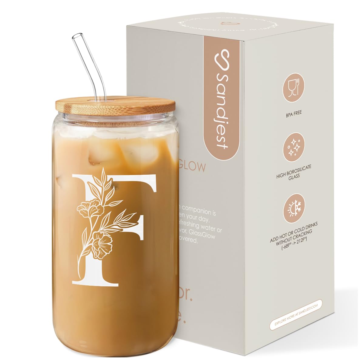 SANDJEST Monogrammed Gifts for Women - Monogram D Initial Glass Cup 16 Oz Can Coffee Cups with Lid and Straw - Monogram Initials Gifts for Womens on Birthday