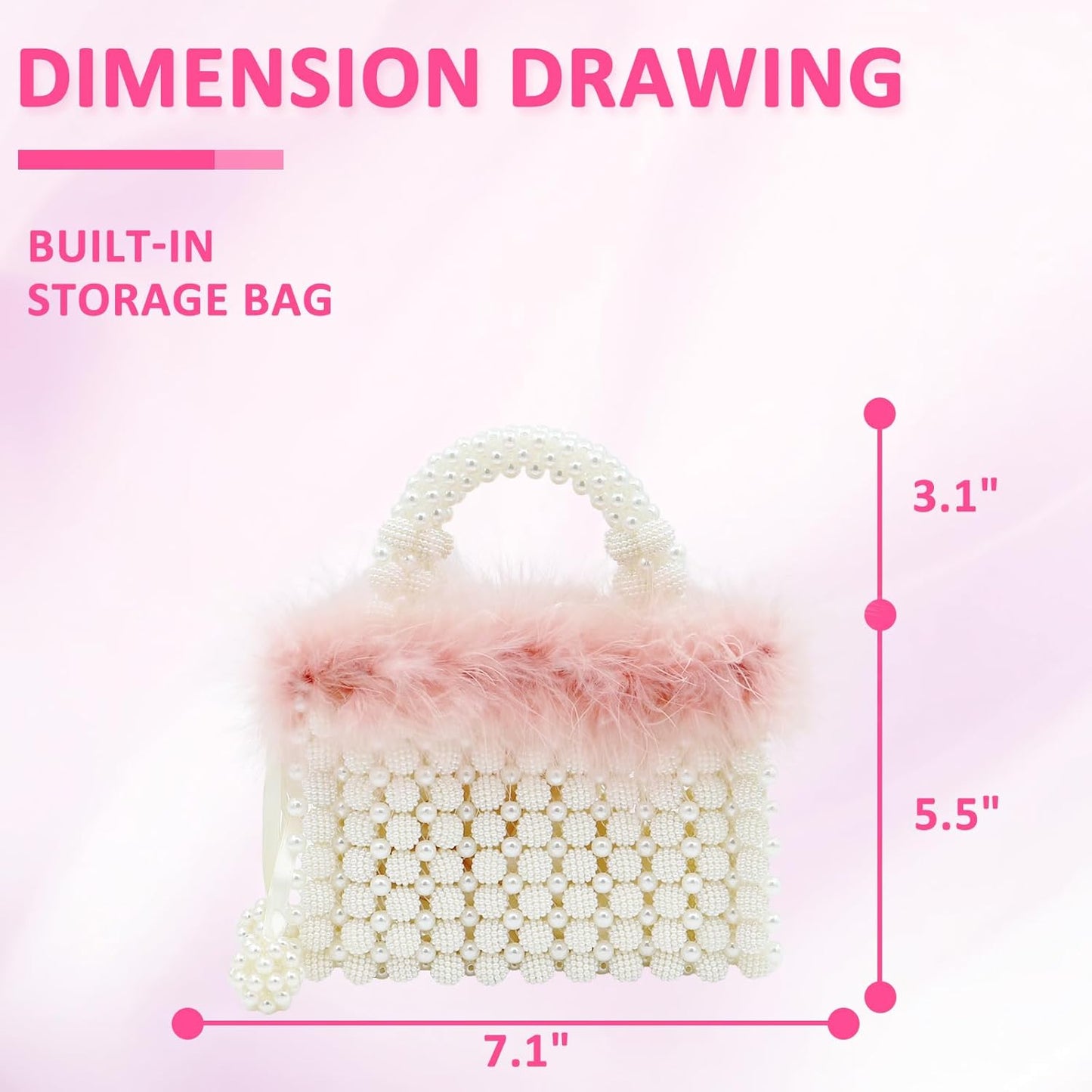 Women Pearl Purse,Evening Bags, Artificial Pearl Clutch, Square Pink Feather Handbags, White Purse for Party Wedding Travel