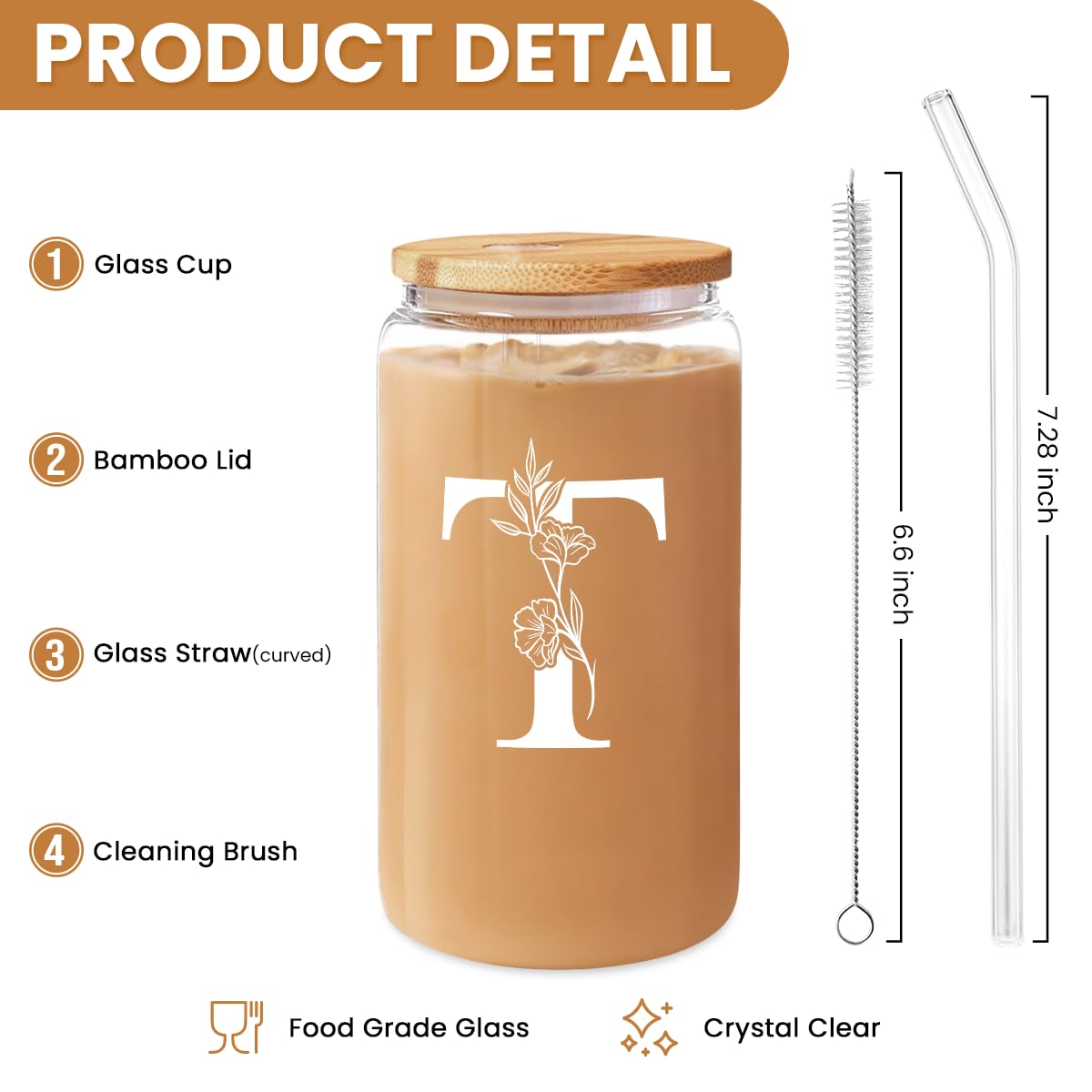 SANDJEST Monogrammed Gifts for Women - Monogram D Initial Glass Cup 16 Oz Can Coffee Cups with Lid and Straw - Monogram Initials Gifts for Womens on Birthday