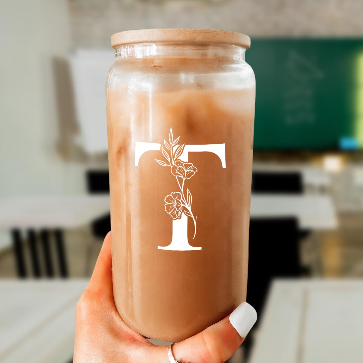 SANDJEST Monogrammed Gifts for Women - Monogram D Initial Glass Cup 16 Oz Can Coffee Cups with Lid and Straw - Monogram Initials Gifts for Womens on Birthday